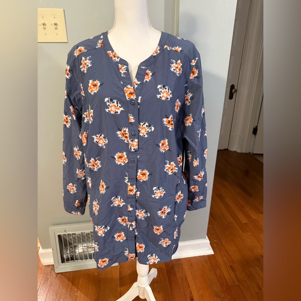 Duluth Trading Co Women’s Sidewinder Blue Floral Button Vented Spandex Tunic 2X